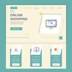 Online shopping flat landing page website template. Smart city, telemedicine, smart coffee maker. Web banner with header, content and footer. Vector illustration.
