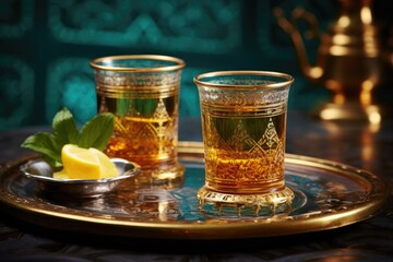 Savoring the Moroccan Essence: Minty Aromatic Moroccan Mint Tea Served in Ornate Glasses, a Tradition Enriched with North African Flavors and Hospitality.




