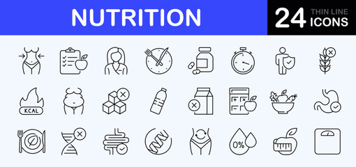 Nutrition web icons set. Healthy food - simple thin line icons collection. Containing detox, diet, fat, protein, vegetables, fruit, carbohydrates, sugar and more. Simple web icons set