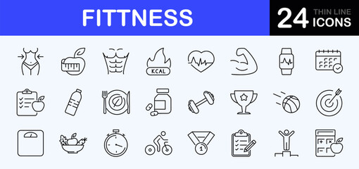Fitness web icons set. Sport and fitness - simple thin line icons collection. Containing gym, healthy lifestyle, exercise, diet, weight training, body care, workout and more. Simple web icons set