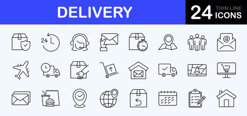 Fototapeta na wymiar Delivery service web icons set. Delivery and Logistics - simple thin line icons collection. Containing is shipping, order tracking, warehouse, truck, courier, cargo and more. Simple web icons set