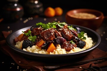 Savor the North African Delight: Moroccan Beef Tagine with Prunes and Sesame Seeds - A Gourmet Feast Paired with Fragrant Couscous.

