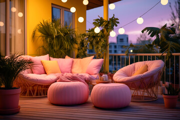 Modern balcony with  the cozy seats interior design. Pink and yellow colors
