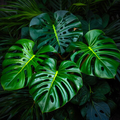 several tropical plants Monstera Albo in a humid and shady place. Concept of botany and tropical nature