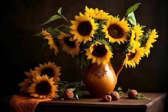 Still life with sunflowers and blue ceramic vase on wooden table