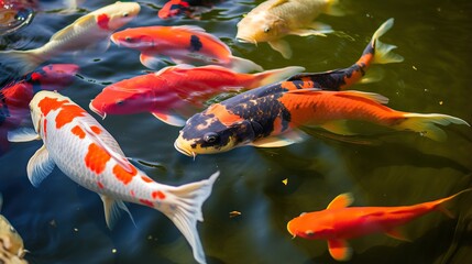 koi carp in clear water, koi fish swimming at river.