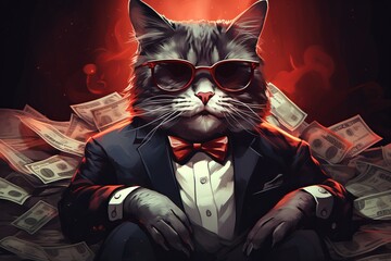 Cool rich successful hipster cat with sunglasses and cash money - obrazy, fototapety, plakaty