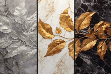 Abstract gray and brown marble leaves on white, black yellow granite tiles on brown, gold leaves banners art, brown flowers. Generative AI
