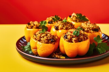 Savor the Flavorful Delight of Stuffed Bell Peppers: A Classic Mexican Dish with Rice, Salsa, Ground Beef, and Corn - Homemade Culinary Comfort.

