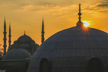 View of Sultanahmet Imperial Mosque, Sultan Ahmet Camii. Blue Mosque domes and minarets in...