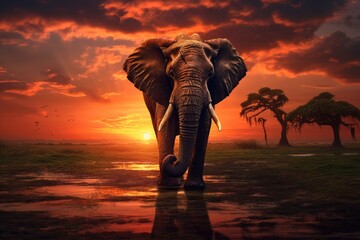African elephant at sunset, Amboseli National Park, Kenya, Africa, elephant and sunset, AI Generated