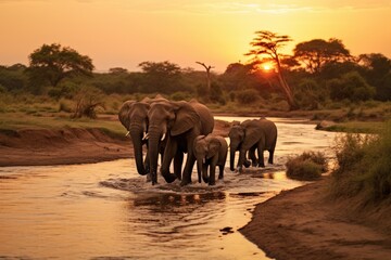 Elephants in Chobe National Park, Botswana, Africa, elephants crossing Olifant river,evening...