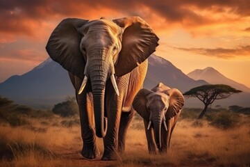 Fototapeta na wymiar Elephants at sunset in Amboseli National Park, Kenya, Elephants walking by the grass in savannah. Beautiful animals at the backdrop of mountains at sunset, AI Generated