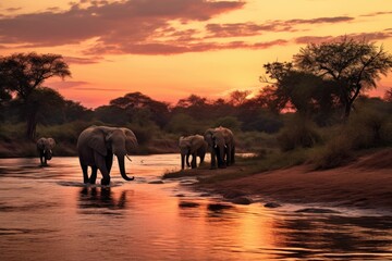 Elephants in the Chobe National Park, Botswana, Africa, elephants crossing Olifant river,evening shot,Kruger national park, AI Generated - obrazy, fototapety, plakaty