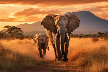 Elephants at sunset in Serengeti National Park, Tanzania, Elephants walking by the grass in savannah. Beautiful animals at the backdrop of mountains at sunset, AI Generated