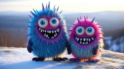 Adorable furry hair Abominable snowball monsters, these ultra cute fluffy Yeti inspired toys are very loveable and huggable, cartoon like art with quirky expressions. - obrazy, fototapety, plakaty