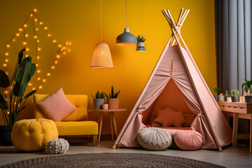 Modern childrens room with wigwam interior design. Pink and yellow colors