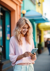 young beautiful stylish woman in a jacket walks around the city with a mobile phone, smartphone, business, girl, smile, street, screen, worker, lifestyle, summer, sun, device, online