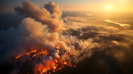 very powerful forest fire, burning and deciduous coniferous forest, aerial view. Generative AI