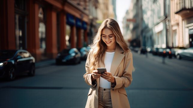 young beautiful stylish woman in a jacket walks around the city with a mobile phone, smartphone, business, girl, smile, street, screen, worker, lifestyle, summer, sun, device, online