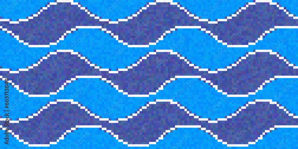 Poster pixel water waves pattern. computer game flat 16bit background. sea or ocean seamless texture. vecto