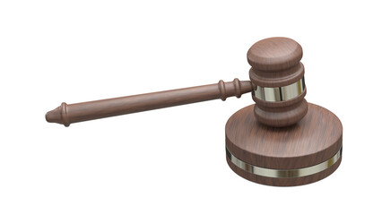 Wooden judging hammer isolated on a white background 3d illustration. Gavel used in law court....