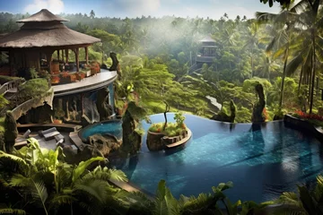Foto auf Acrylglas 3D rendering of a tropical garden with a swimming pool and a hotel, Exotic oasis in bali, a tropical swimming pool, nestled amidst the breathtaking scenery of indonesia's enchanting, AI Generated © Iftikhar alam