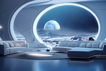 Futuristic white moon base living room interior. Neural network generated image. Not based on any actual scene or pattern.