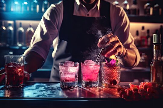 Bartender preparing a cocktail at the bar counter in a nightclub, Expert barman is making cocktails at the night club or bar,  top section cropped, AI Generated