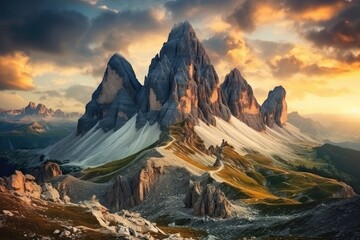 Sunset in the Dolomites, Italy. Dramatic and picturesque scene, famous Italian National Park Tre Cime di Lavaredo. Dolomites, South Tyrol. Auronzo, AI Generated - obrazy, fototapety, plakaty
