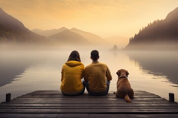 Couple sitting on a pier and looking at a lake at sunrise, Family with a small yellow dog resting on a pier and looking at lake and foggy mountains, AI Generated - obrazy, fototapety, plakaty