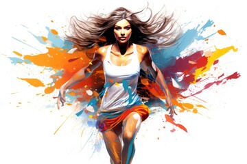 Obraz na płótnie Canvas Fashion illustration of a beautiful young woman with long hair in motion, Fashion illustration of a beautiful young woman running with colorful splashes, AI Generated