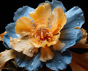 Dew-Kissed Flower: A Symphony of Blue and Peach,blue and yellow flower,blue and yellow dahlia