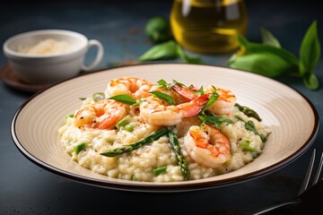 A Taste of Italy: Creamy Risotto with Asparagus and Succulent Shrimp, a Gourmet Delight that Blends Mediterranean Freshness and Savory Luxury.


