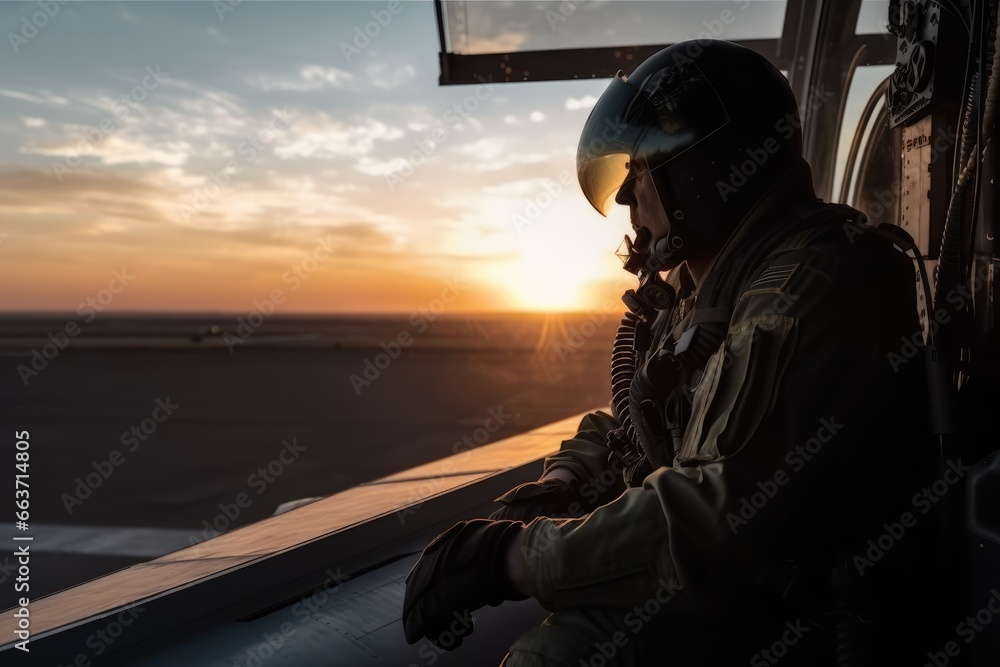 Poster Portrait of a pilot in a protective helmet on the background of the sunset, Fighter Jet pilots wearing full gear and standing in different poses on a white background, full body, AI Generated