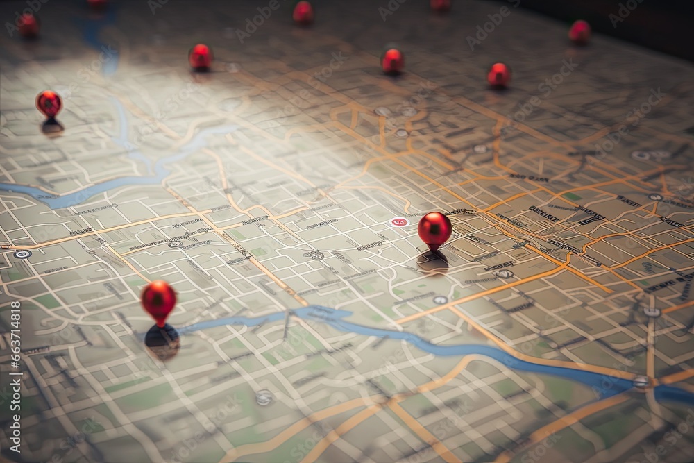 Poster map of the city with red pins on it. conceptual image, find your way. location marking with a pin on