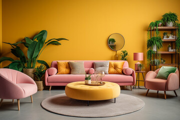 Modern living room with cozy sofa interior design. Pink and yellow colors