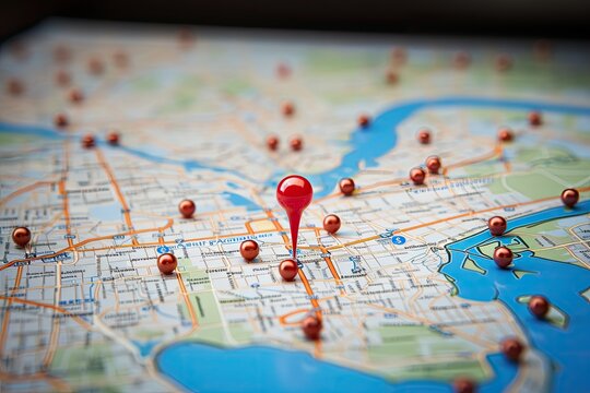 Map of Paris with red pin on the map. Travel concept, Find your way. Location marking with a pin on a map with routes, AI Generated