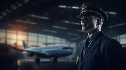 Tuinposter A confident airline pilot prepares for his next flight, confident pilot in a plane. Created with Generative Ai technology. © Viktor