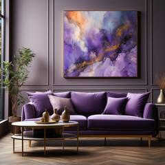  a purple velvet sofa with paintings 
