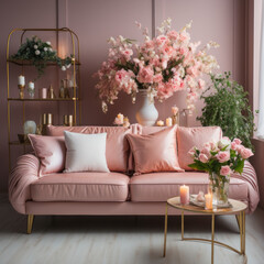  a pink leather sofa with flowers 
