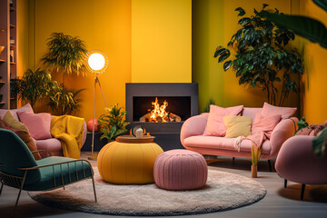 Modern living room with cozy sofa interior design. Pink and yellow colors