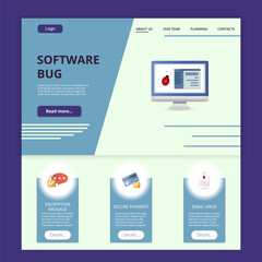 Software bug flat landing page website template. Encryption message, secure payment, email virus. Web banner with header, content and footer. Vector illustration.