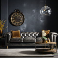 a gray leather sofa with clocks 
