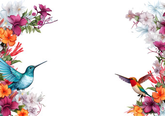Frame with flowers and hummingbirds, Landscape orientation Page frame with beautiful hummingbirds