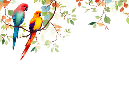 Birds on branch frame, two beautiful and colorful parrots on tree branch background floral page border frame 