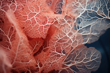 Extreme closeup of sea fans in pink and blue pastel colors showing their texture, highly detailed macro photography. Abstract background of sea life