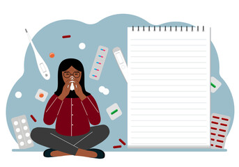A sick woman with a runny nose holds a handkerchief. Nearby there are a lot of medicines, pills, thermometers and a large notebook for notes.