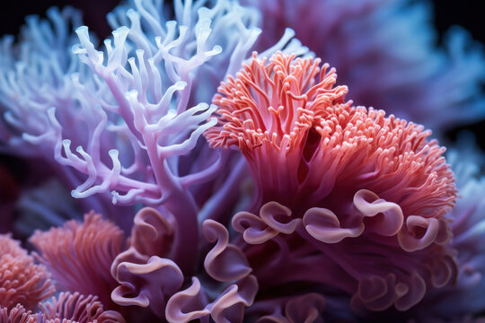 Extreme closeup of soft corals in purple colors. Abstract background of sea life