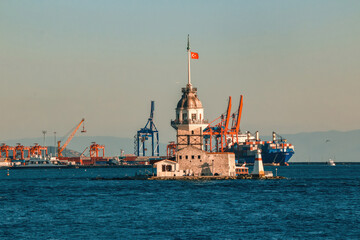 There is a shipyard in the background of the Maiden's Tower. Kiz Kulesi, Istanbul
